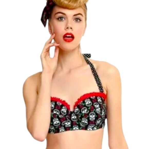 RETRO CHIC HOTTOPIC Poka-Dot Sugar Skull Rose Print 2 Piece Bikini With Ruffles - Picture 6 of 14